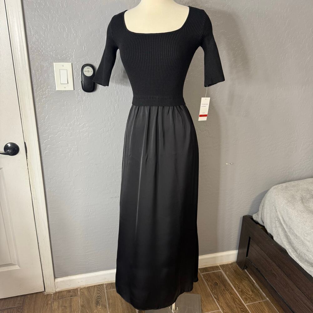 Taylor Knit Top Satin Skirt Maxi Dress, Black, Extra Small